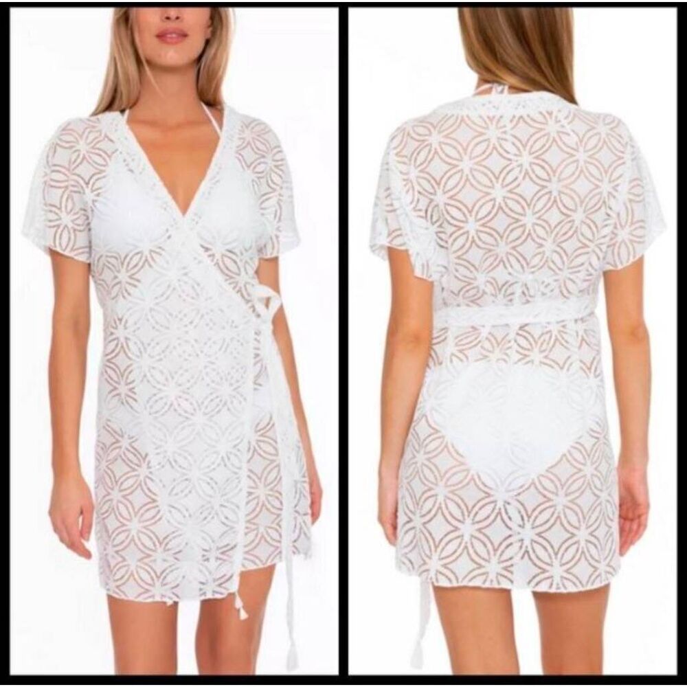 Trina Turk Pacheco sheer white geometric lace wrap swimsuit coverup womens S